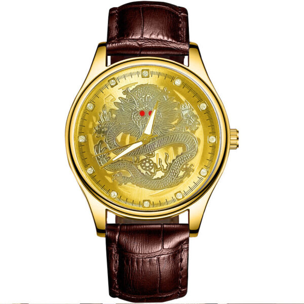 Dragon Power Men's Watch: Gold-Tone, Leather, Quartz, Water Resistant