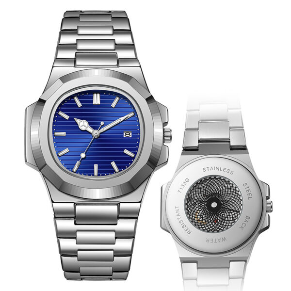 Stainless Steel Quartz Watch with Calendar, Luminous Dial & Exhibition Caseback - Image 4