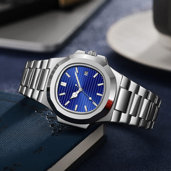 Stainless Steel Quartz Watch with Calendar, Luminous Dial & Exhibition Caseback