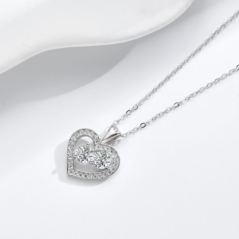 Sterling Silver Heart Classic Diamond Pendant Clavicle Necklace - Image 2
