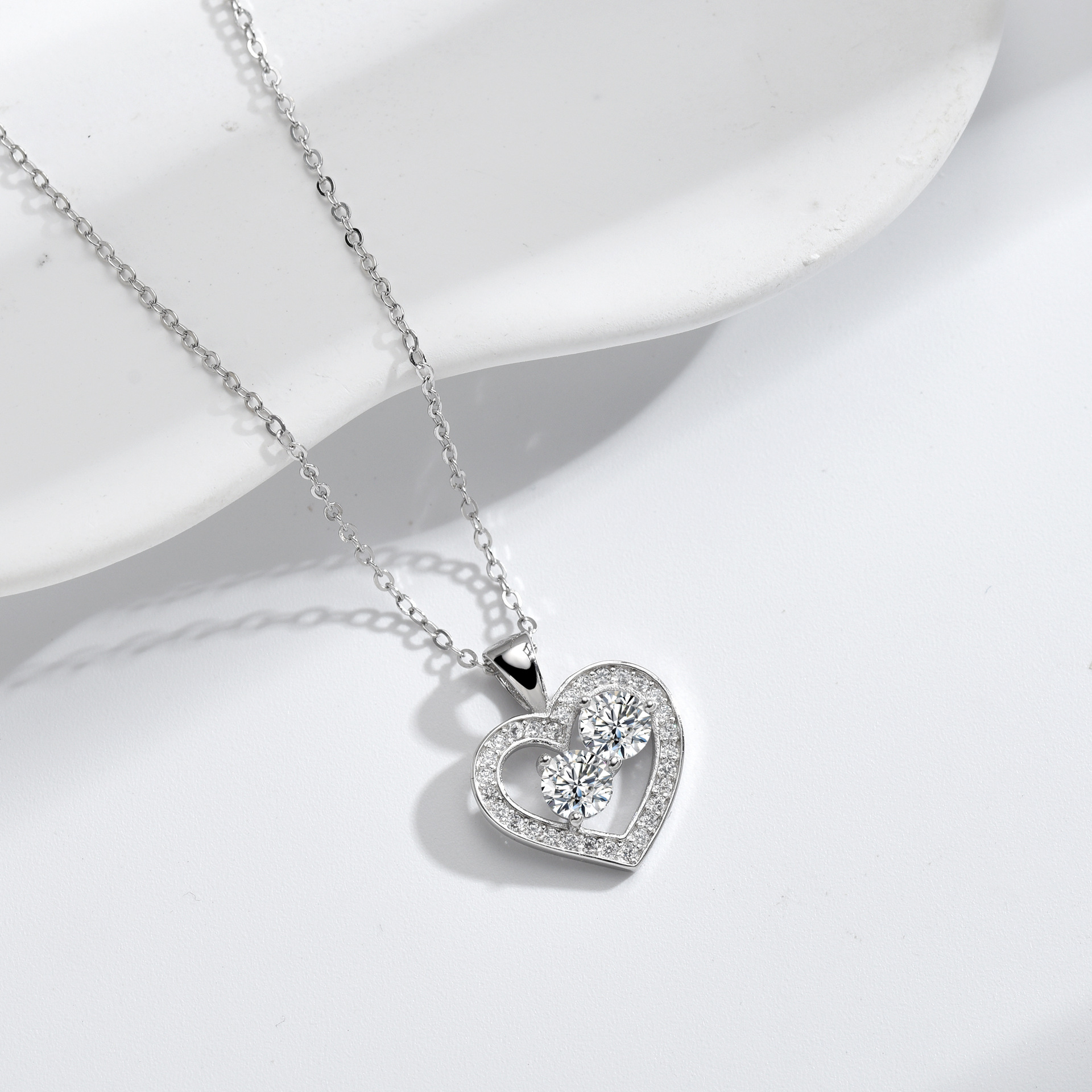 Sterling Silver Heart Classic Diamond Pendant Clavicle Necklace - Image 3
